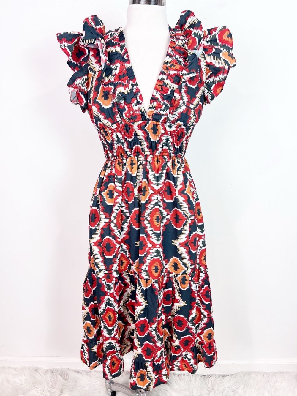 O.P.T. VIANSA NAVY ORANGE RED SLEEVELESS RUFFLE V-NECK DRESS WOMENS MEDIUM - Picture 3 of 8